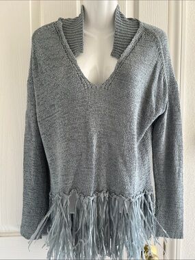 Saks Fifth Avenue Gray V-Neck Fringe Hem Sweater